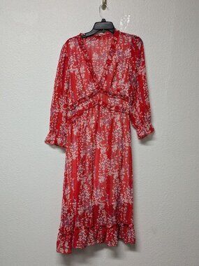 Red Ditsy Floral V-Neck Long Sleeve Ruffle Empire Waist and Hem Midi Dress